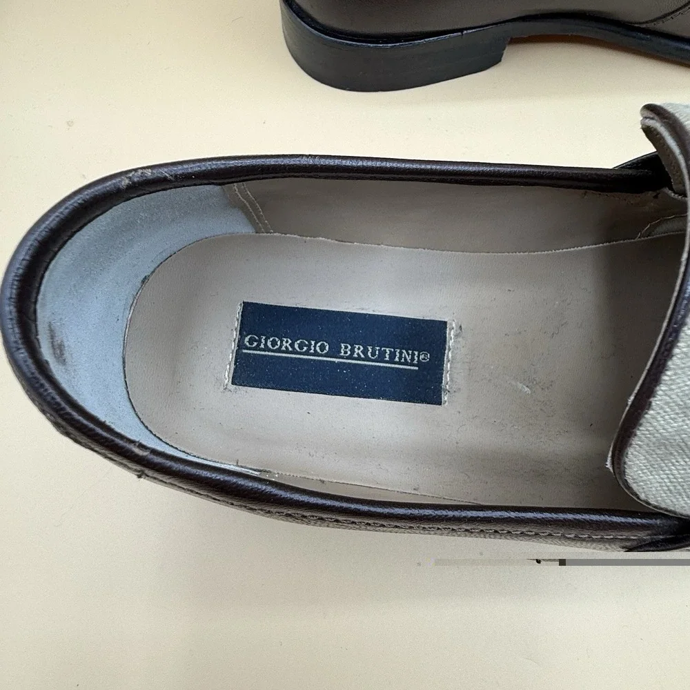 Giorgio Brutini Mens 10.5 Tassel Loafers Brown Leather Canvas Two Tone Resort